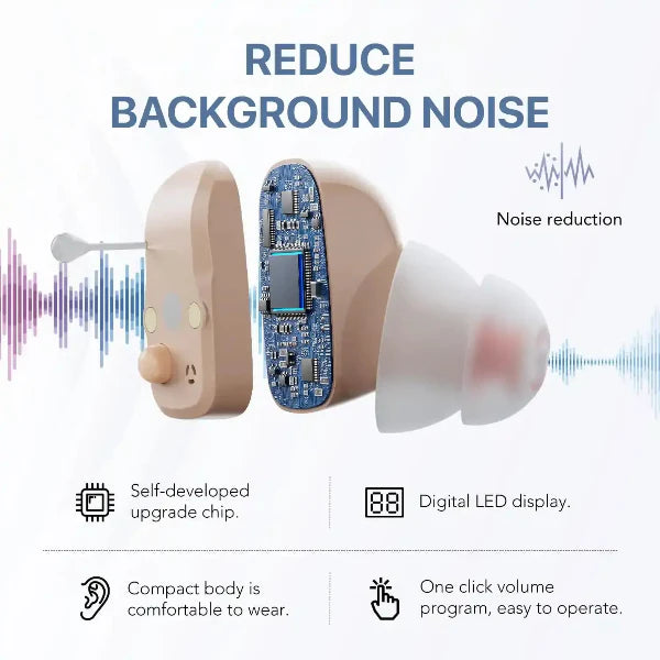 Earbud with electronic components and text highlighting noise reduction features on a white background