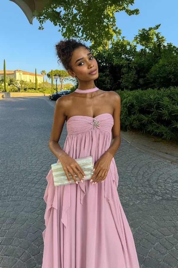 'ariel silhouette', 'Grecian goddess dress', 'cascading ruffle detail', 'asymmetrical hem', and 'sweetheart bodice