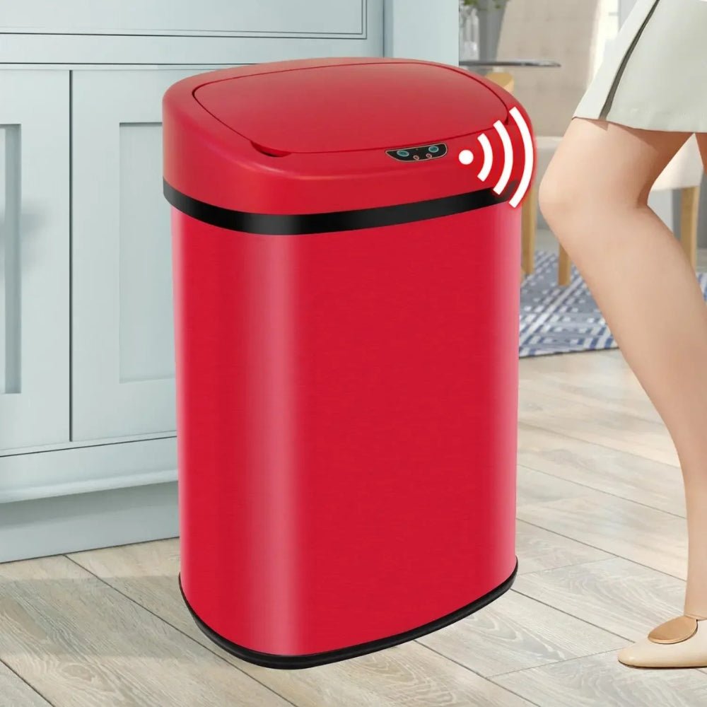 hygienic waste disposal," "odor-control garbage can," "fingerprint-resistant," "soft-close lid," and "battery-operated bin