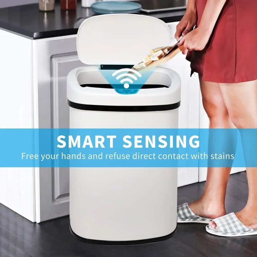 hygienic waste disposal," "odor-control garbage can," "fingerprint-resistant," "soft-close lid," and "battery-operated bin