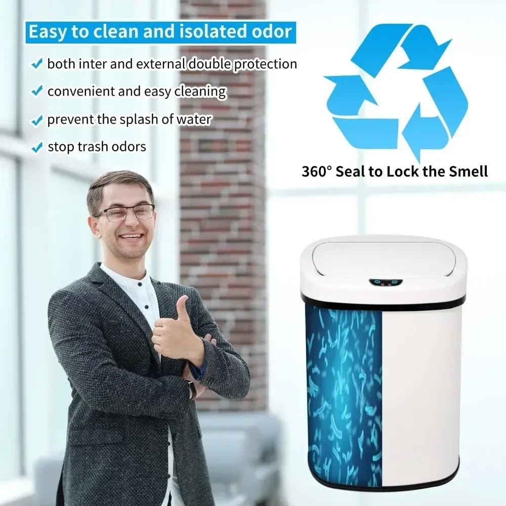 hygienic waste disposal," "odor-control garbage can," "fingerprint-resistant," "soft-close lid," and "battery-operated bin