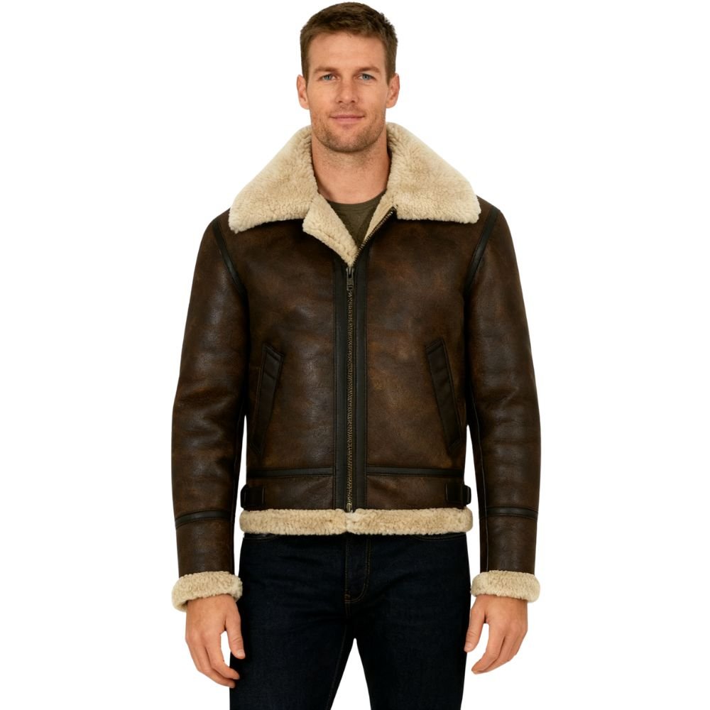 Man wearing a brown kouvr leather jacket with beige fur lining on a white background