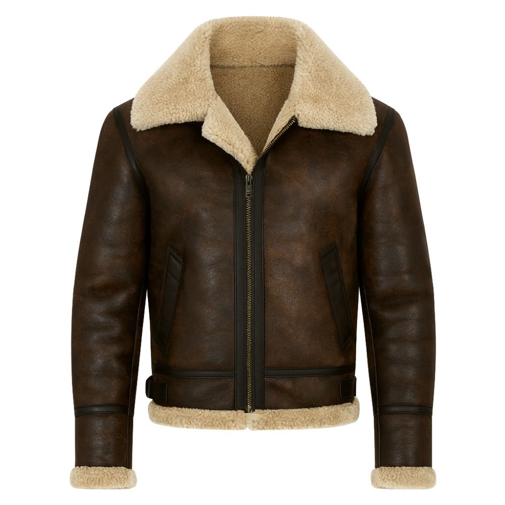 Brown kouvr leather jacket with beige shearling collar and cuffs on a white background