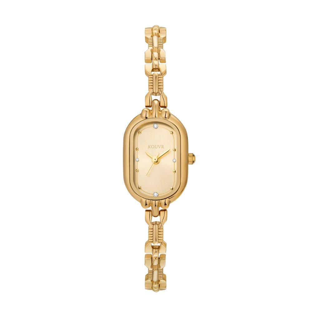 Gold Kouvr wristwatch with a chain strap on a white background