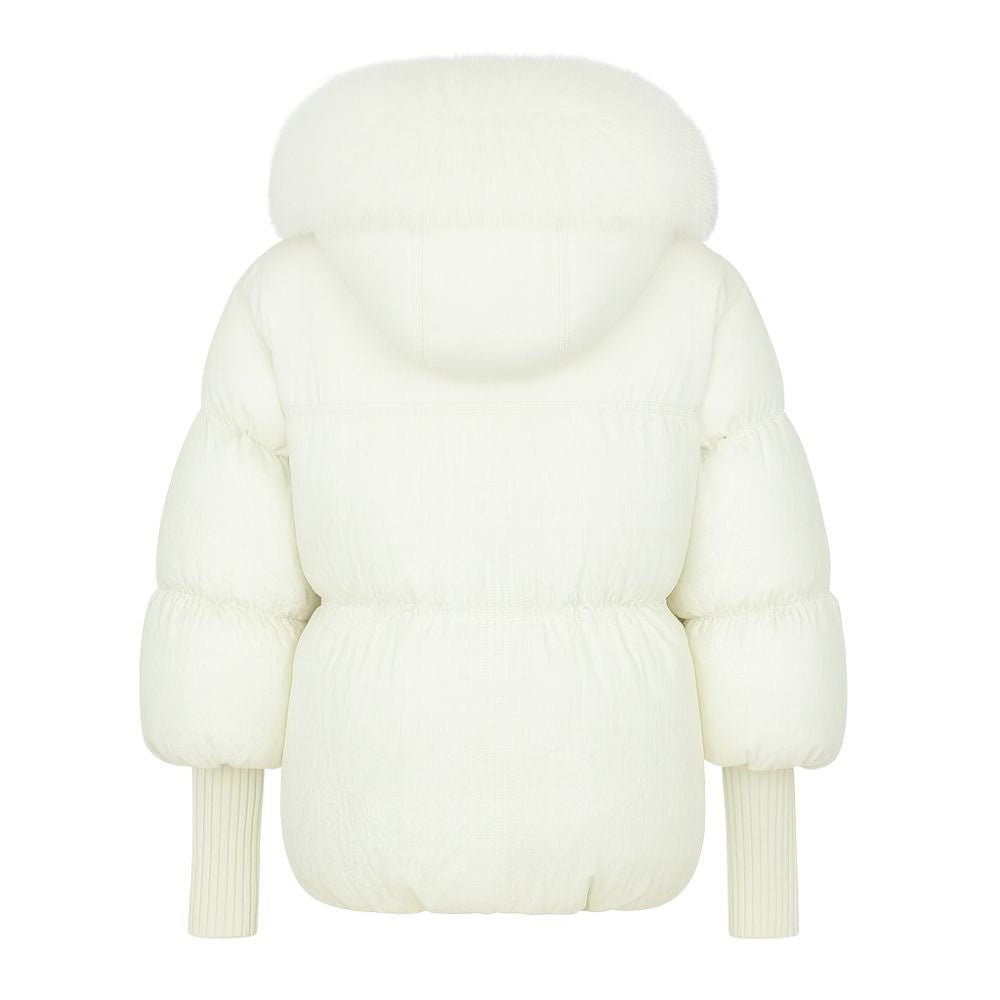 White kouvr puffer jacket with a hood on a white background