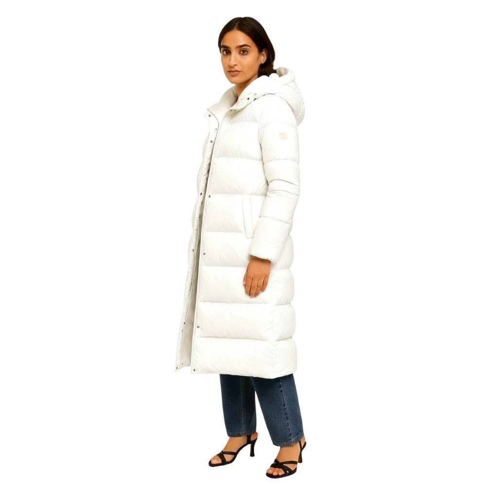 quilted outerwear," "thermal insulation," "cold weather essential," "winter parka," and "elegant down coat
