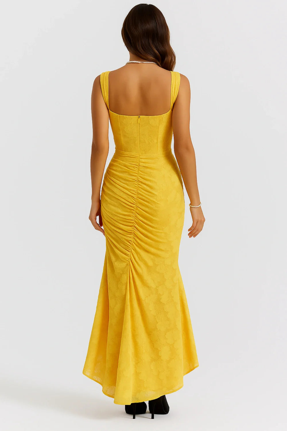 structured bodice, asymmetrical hem, bodycon silhouette, saffron yellow gown, and occasionwear