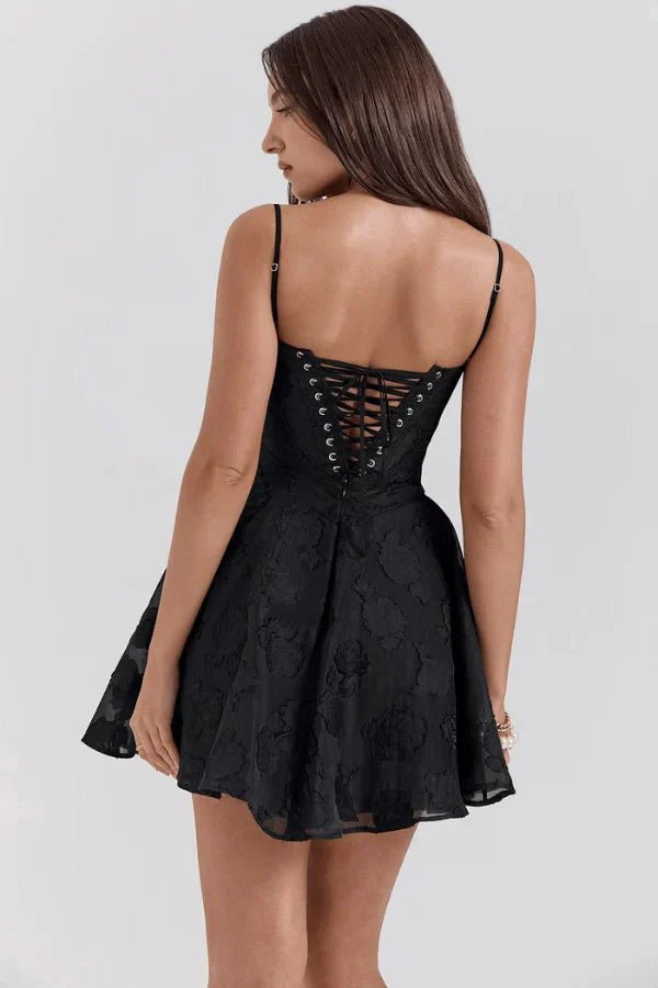 Core keywords are "black corset dress," "lace up mini dress," and "floral jacquard dress