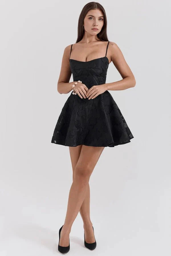 Core keywords are "black corset dress," "lace up mini dress," and "floral jacquard dress