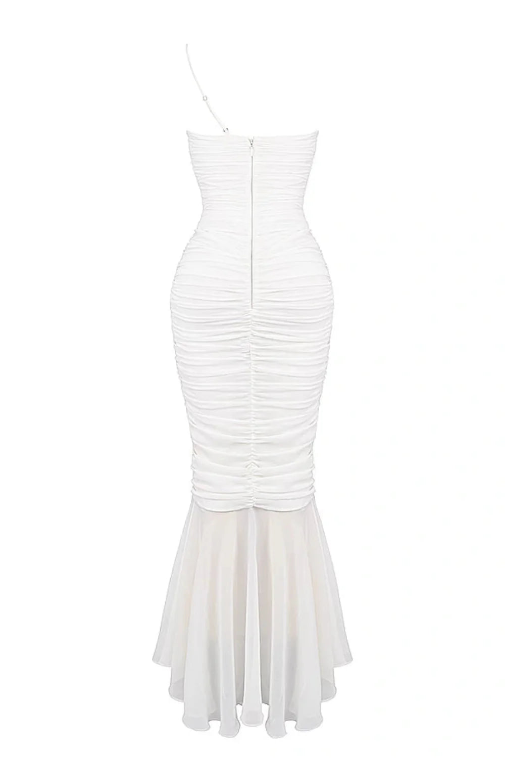 Model wearing the Kouvr Fashion Ruched white one-shoulder ruched maxi dress with a sheer mermaid hem and thigh-high slit