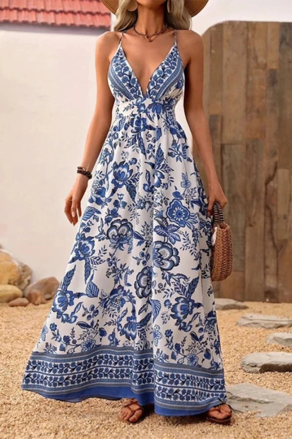 sundress," "A-line silhouette," "Grecian style," "spaghetti straps," and "porcelain print
