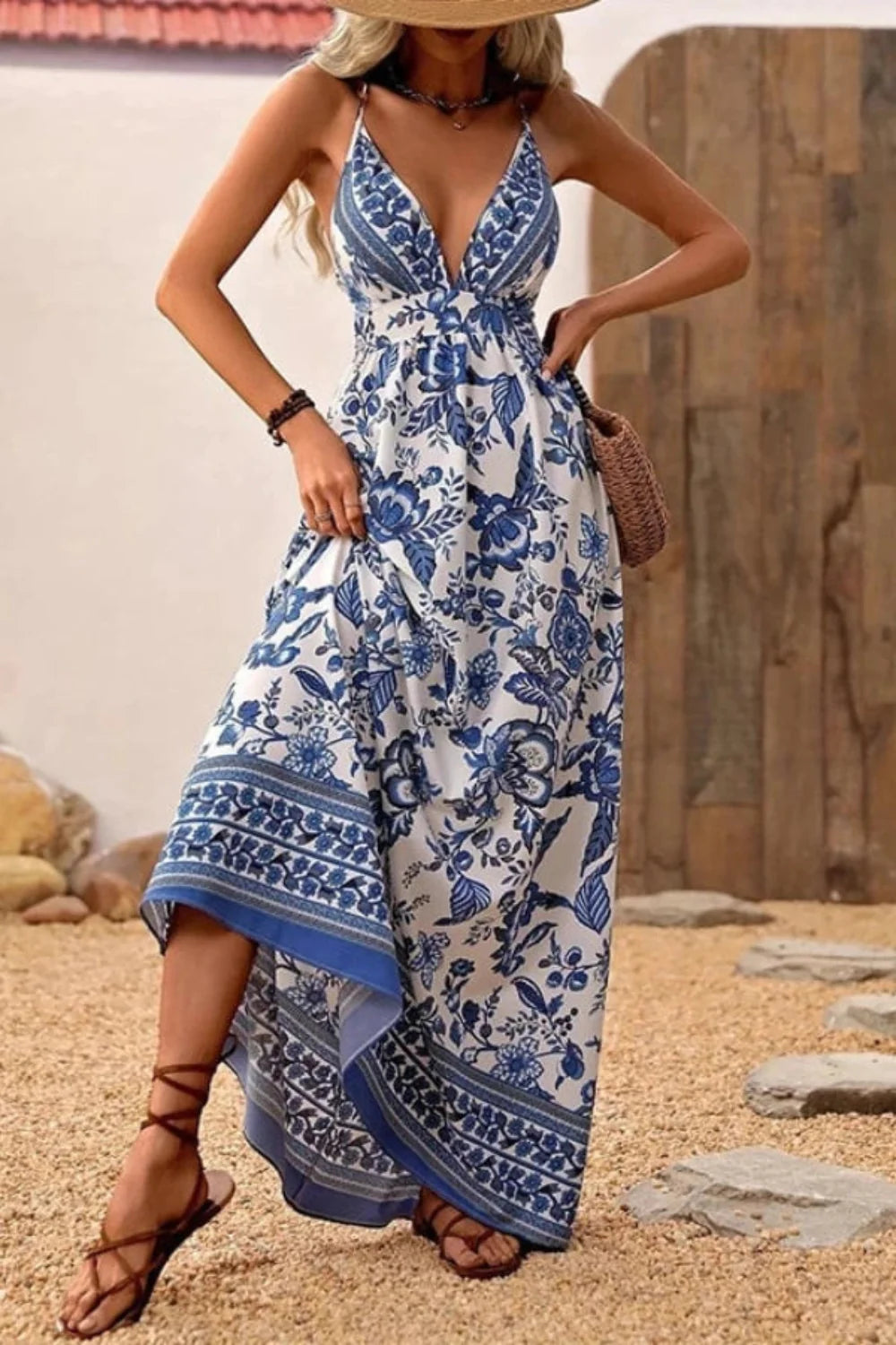 sundress," "A-line silhouette," "Grecian style," "spaghetti straps," and "porcelain print