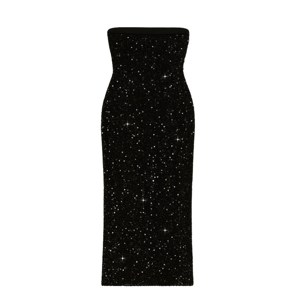 Black Kouvr strapless dress with glittery texture on a white background