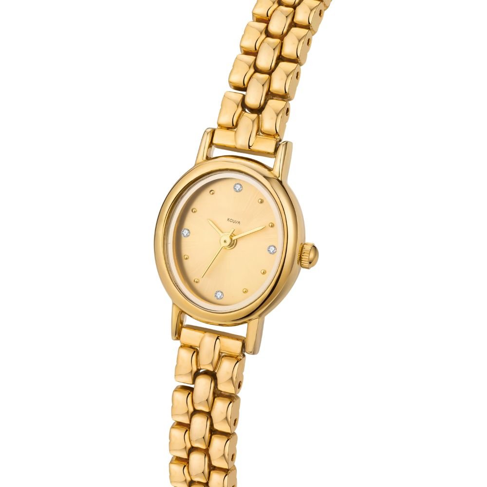 Gold kouvr watch with a chain-like bracelet on a white background