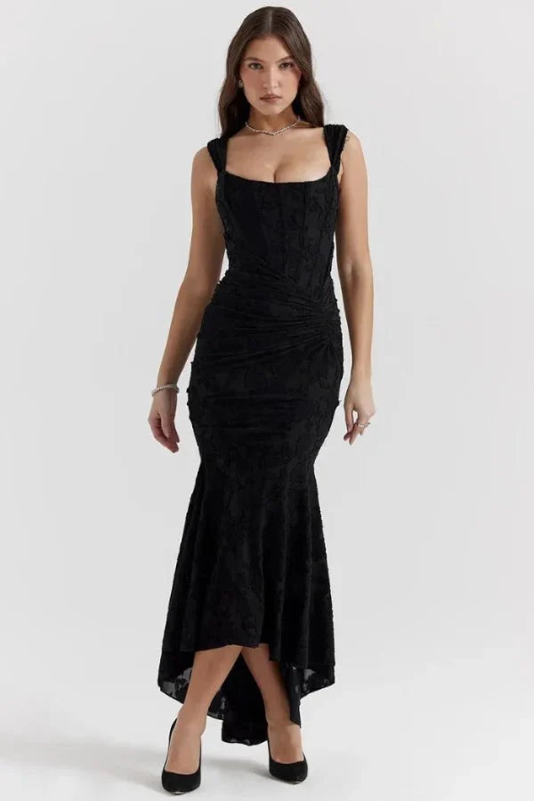 bustier, jacquard, sculpted bodice, asymmetrical hem, ruched, wedding guest, black-tie, prom, gala