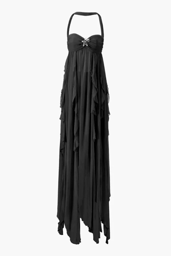 A long, black, chiffon maxi dress with an embellished diamond star detail at the chest, an open back, and a flowing skirt.
