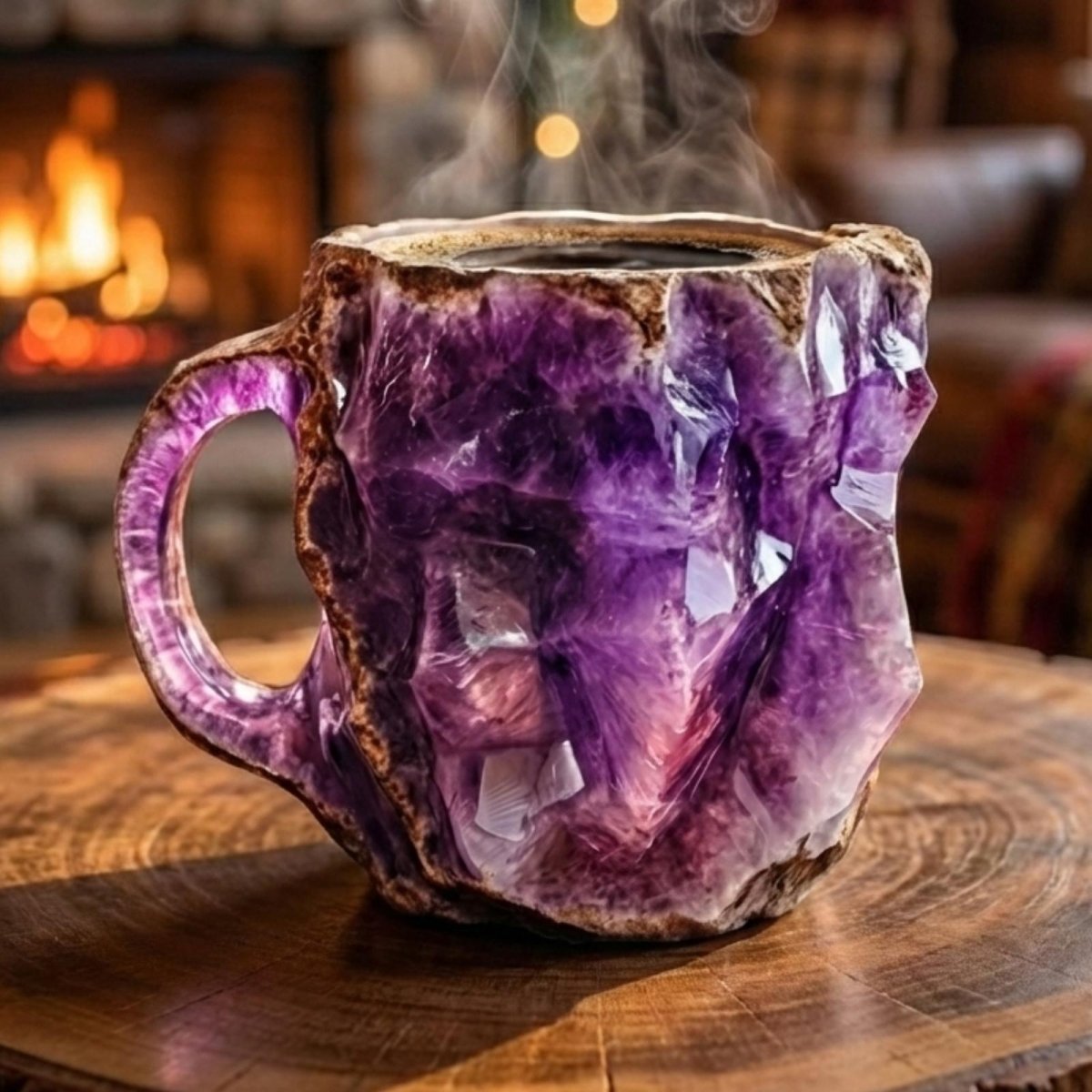 A handcrafted raw amethyst crystal mug by Kouvr sitting on a wooden surface, showing its deep purple facets and rugged texture.