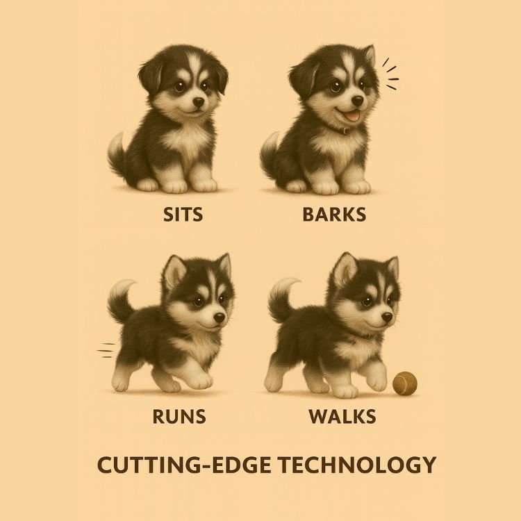 Vintage-style illustration showing four actions of the electronic toy: puppy sitting, barking, running, and walking with a ball, labeled as cutting-edge technology.