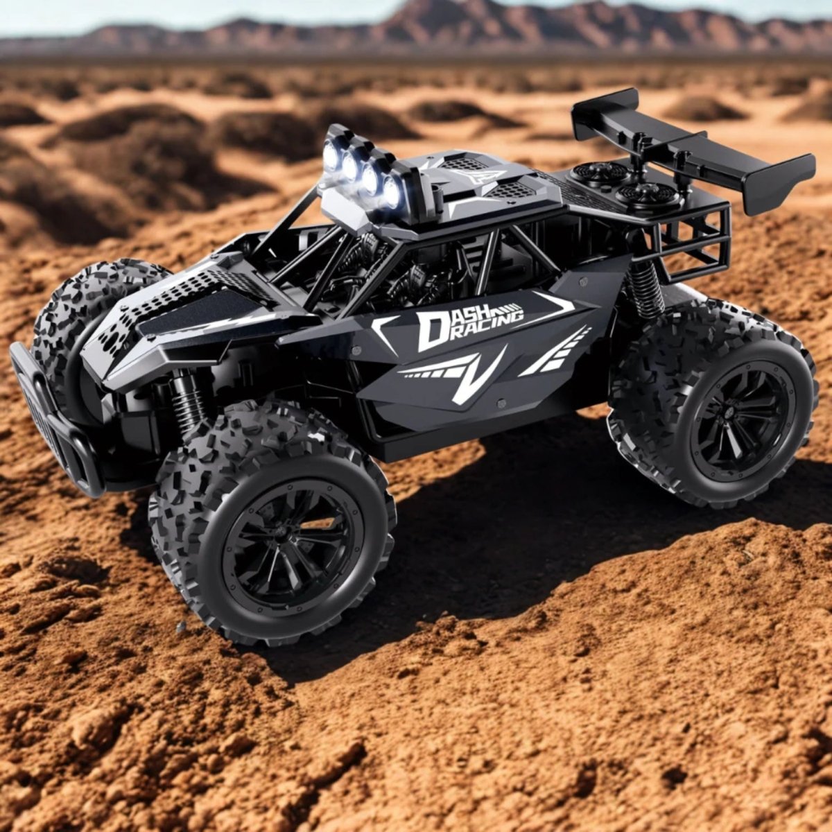 Black 1:16 high-speed alloy RC car parked on gravel, with text highlighting its 20km/h (12.4 MPH) top speed and double battery feature.