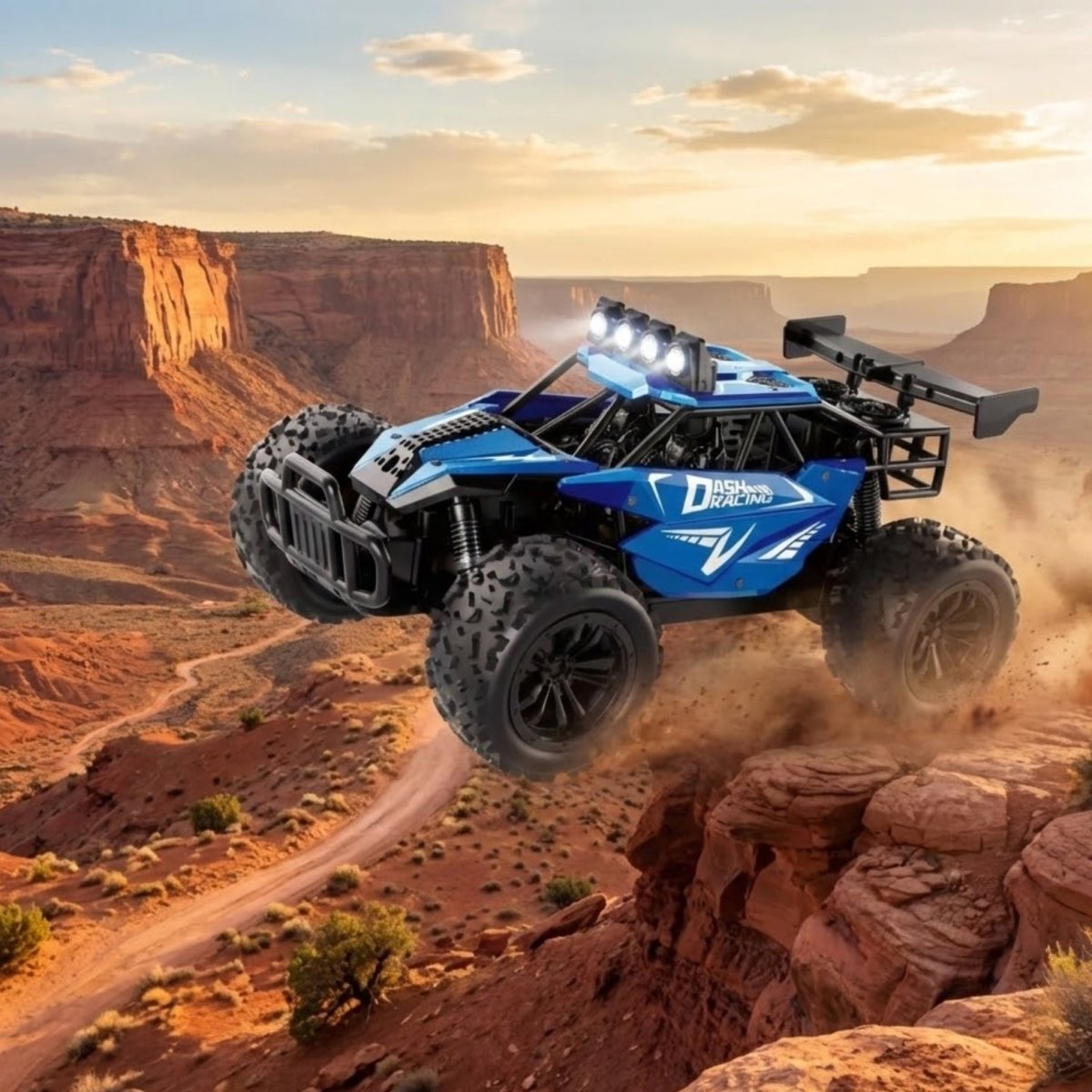 An action shot of the blue off-road remote control car jumping over a dirt mound in a large desert canyon.