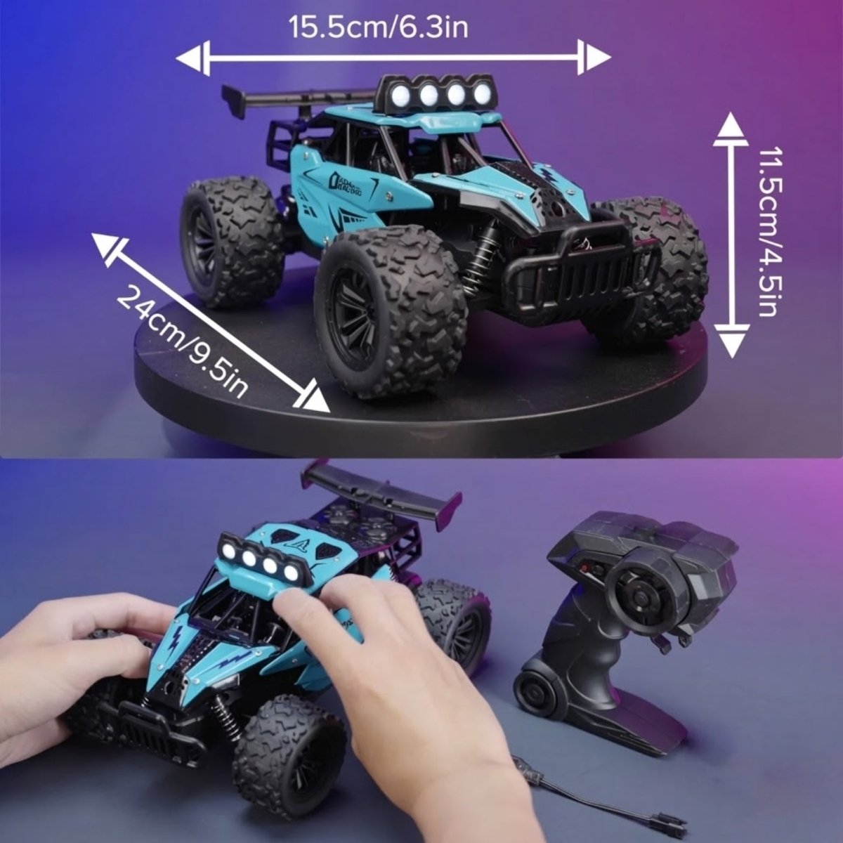 A blue RC car on a stand displaying its 24cm length, 15.5cm width, and 11.5cm height, with a person's hands holding the car and remote control.