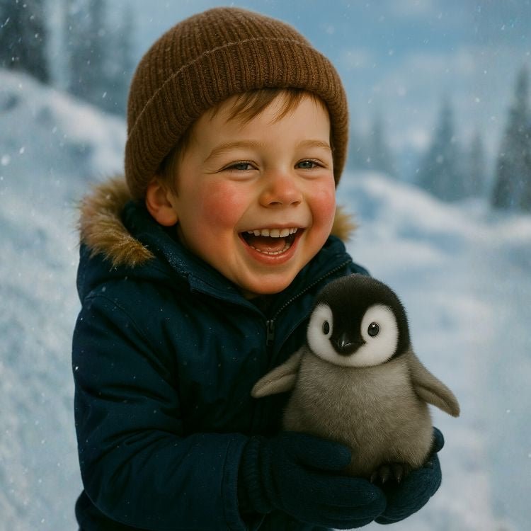 A happy young boy in a winter coat laughing while holding the cute Kouvr interactive baby penguin toy in a snowy setting.