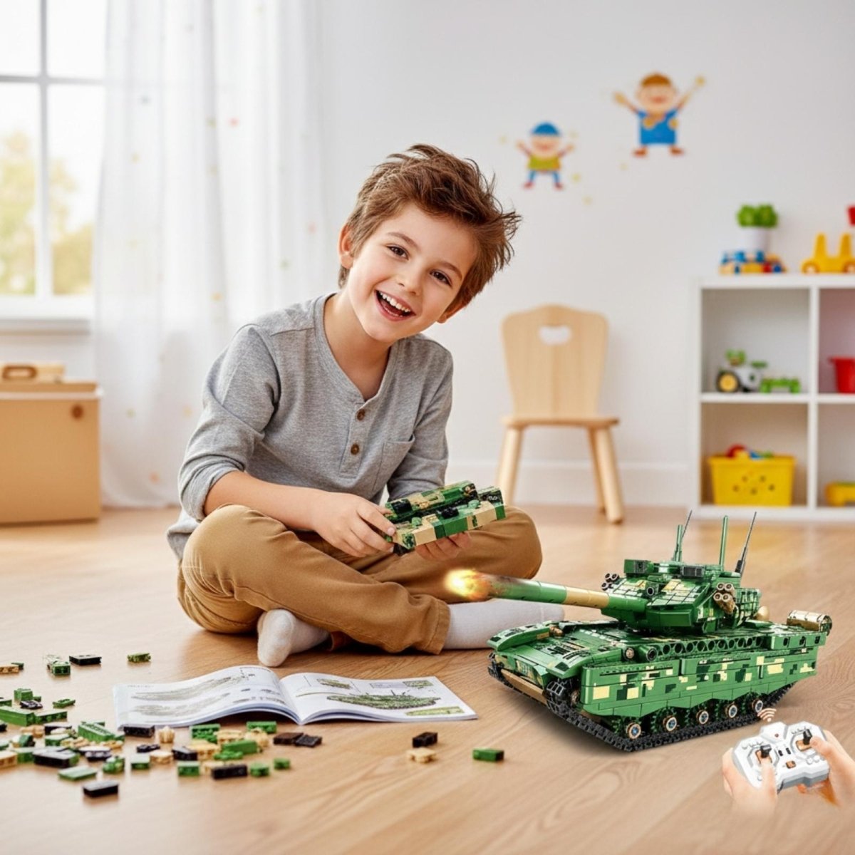 A child sitting on the floor surrounded by building blocks and instructions, assembling the Kouvr remote control tank toy.