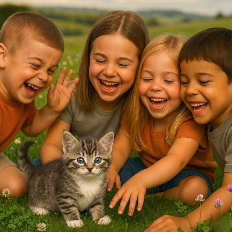 A group of diverse children laughing together as they play with a small gray tabby robot kitten on the grass.