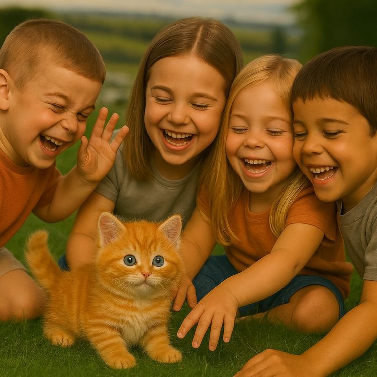 Four happy children laughing and playing together on the grass with a small orange Kouvr robot kitten in front of them.