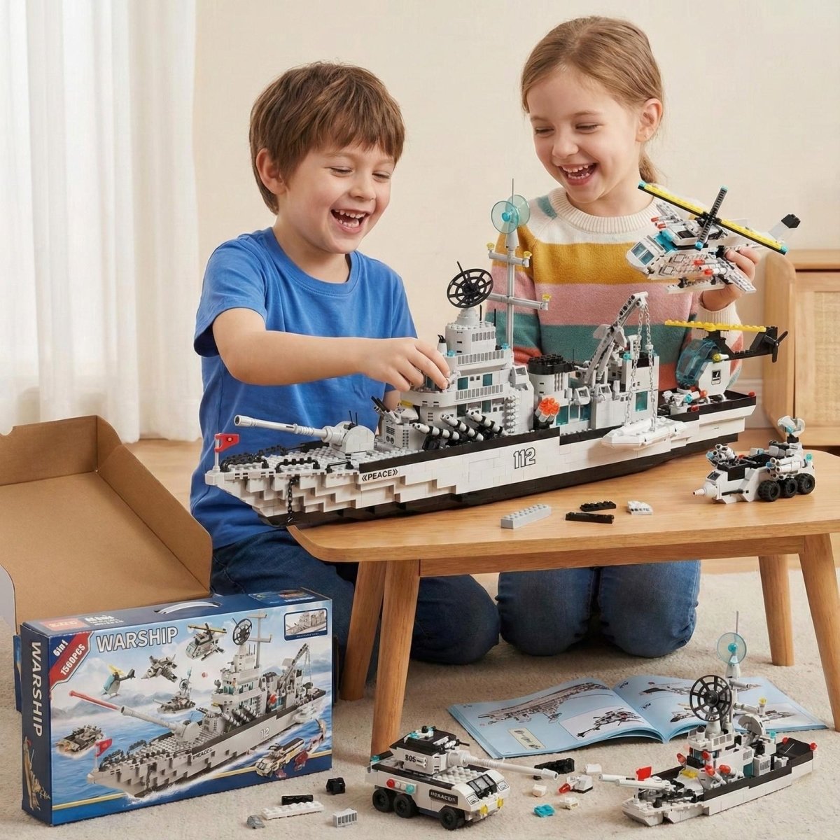A young boy and girl laughing and playing together with the assembled Kouvr warship and helicopter building block toys on a living room table.