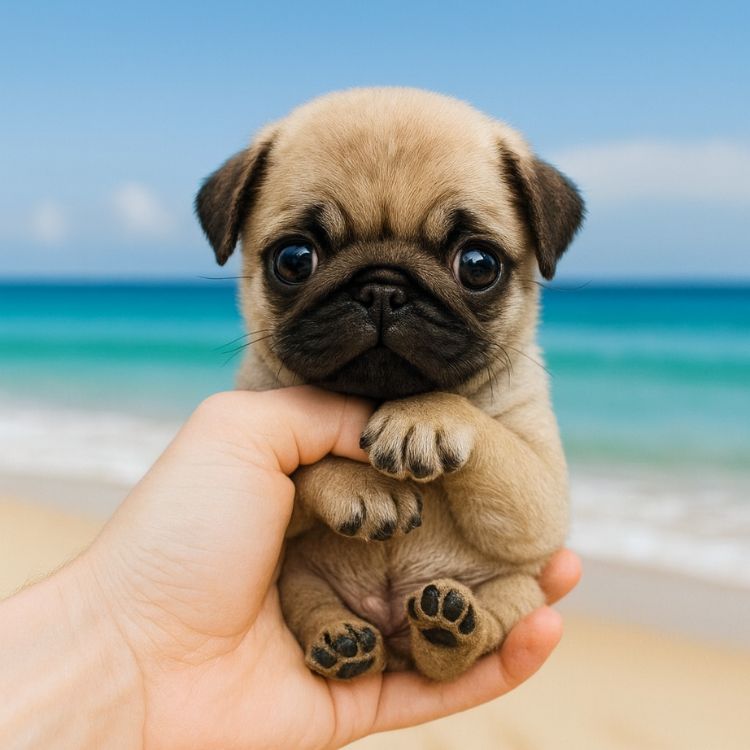 A close-up view of the adorable Kouvr interactive robot pug puppy toy being held in a hand with the blue ocean in the background.
