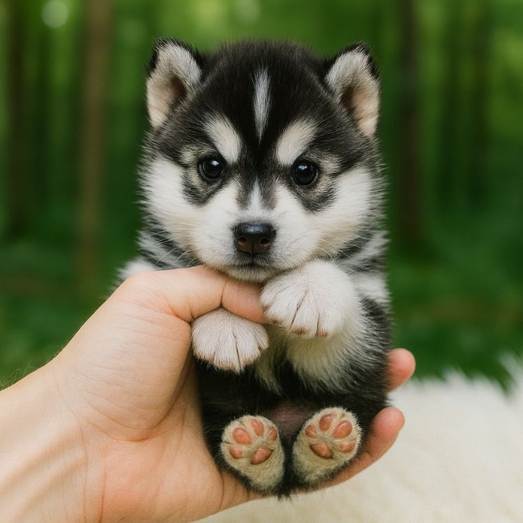 Two hands gently cradling a cute, realistic husky puppy plush toy with its tongue sticking out, set against a blurred green nature background.