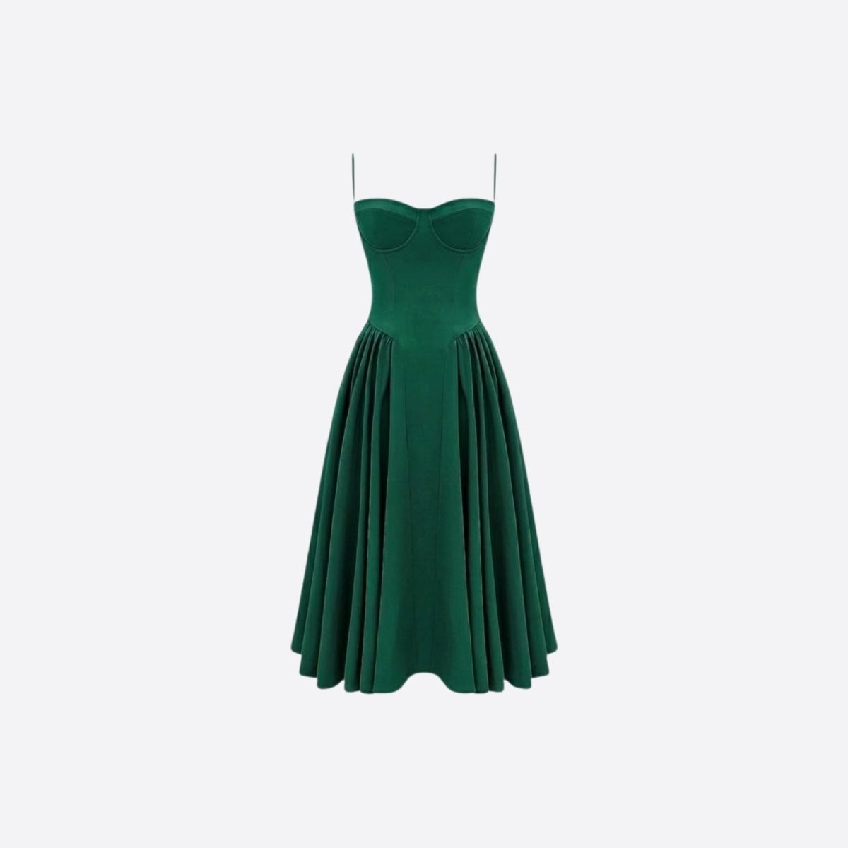 Studio product shot of an emerald green corset midi dress with a structured bustier top and pleated A-line skirt on a white background.