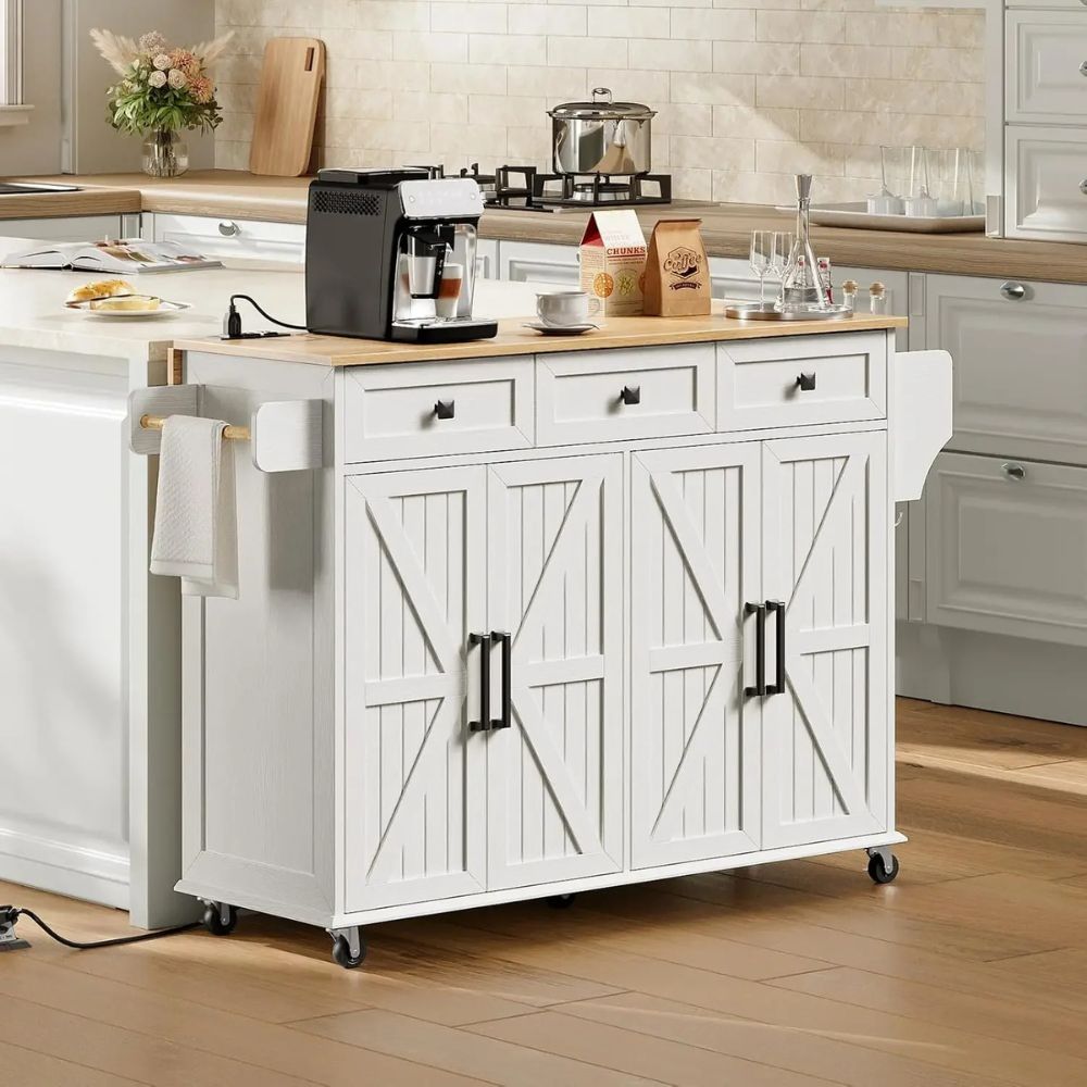 rolling kitchen cart with storage drawers and cabinets used as a coffee bar