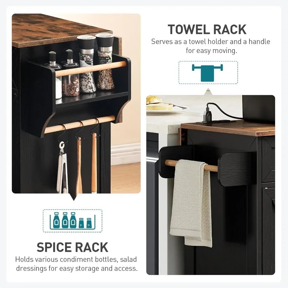 rolling kitchen cart with storage drawers and cabinets used as a coffee bar