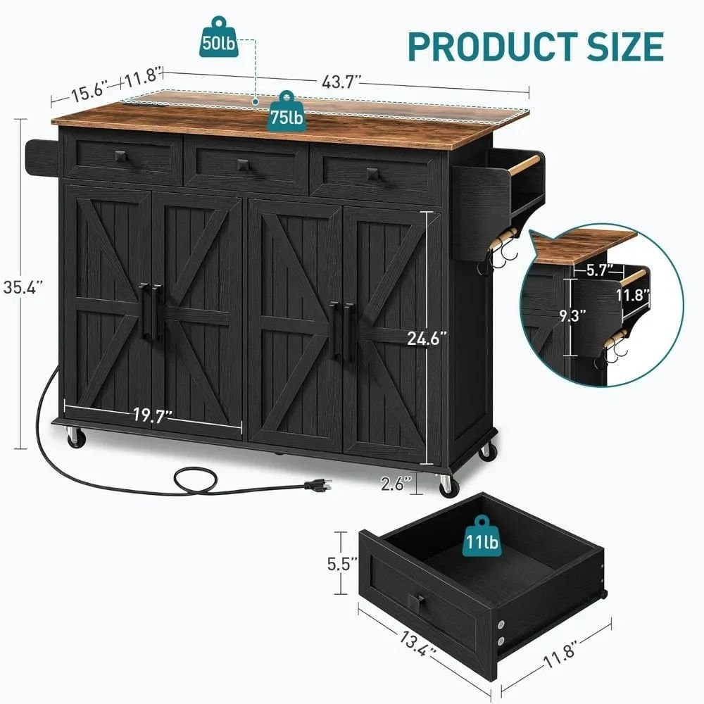 rolling kitchen cart with storage drawers and cabinets used as a coffee bar