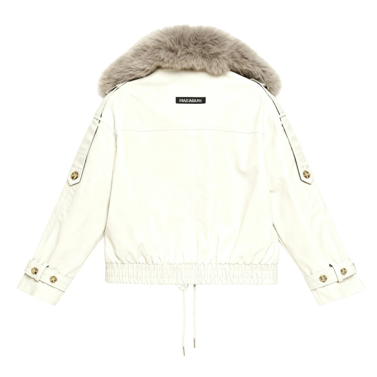 Kouvr Avenly Cropped Trench Bomber Jacket with Faux Fur Collar in Oat Ivory Back View.