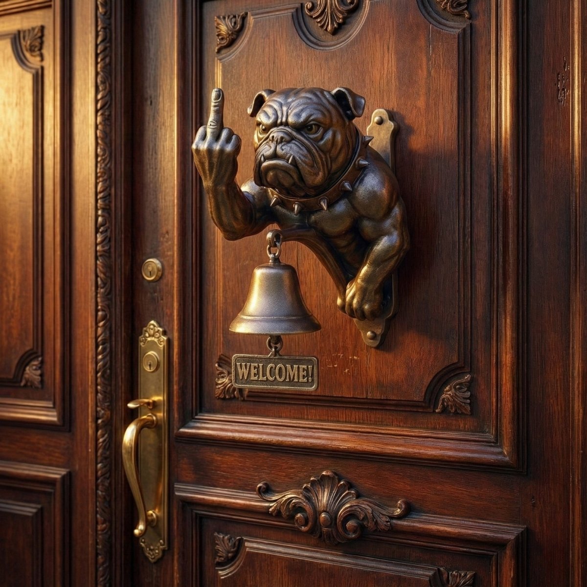 The Kouvr bulldog doorbell with a welcome sign mounted on a carved, ornate dark wood door, shown from a slight angle.