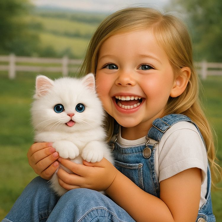 A happy young girl in denim overalls smiling as she holds a soft white plush interactive robot kitten, an ideal gift for kids.
