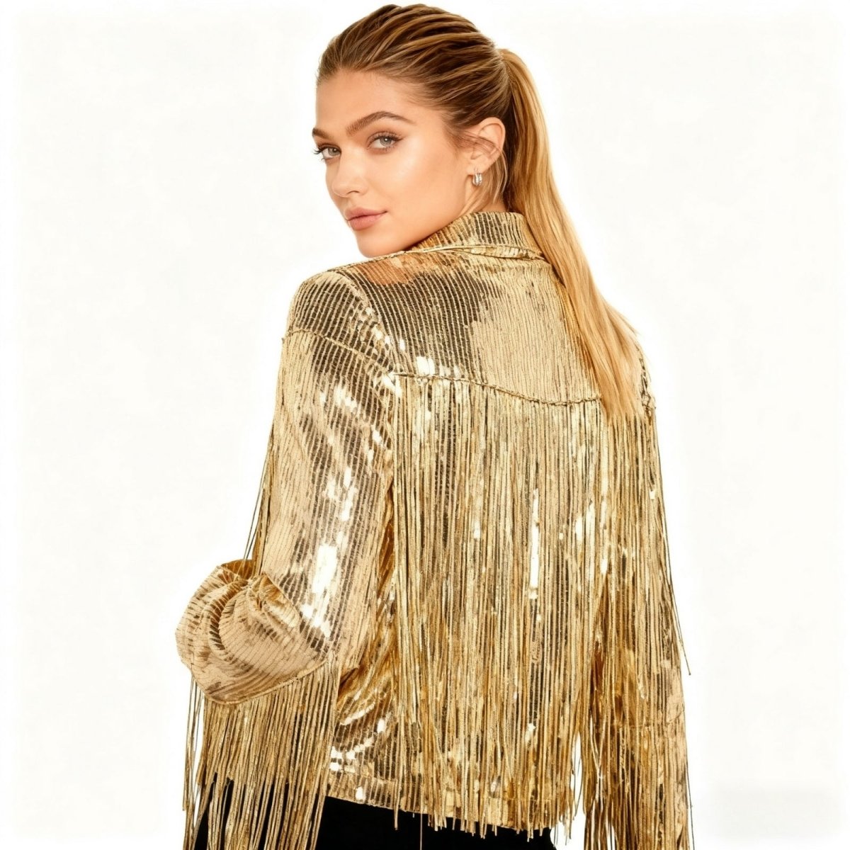 Kouvr Lumière gold sequin fringe jacket for women | Western tinsel statement jacket for festival and concert outfits