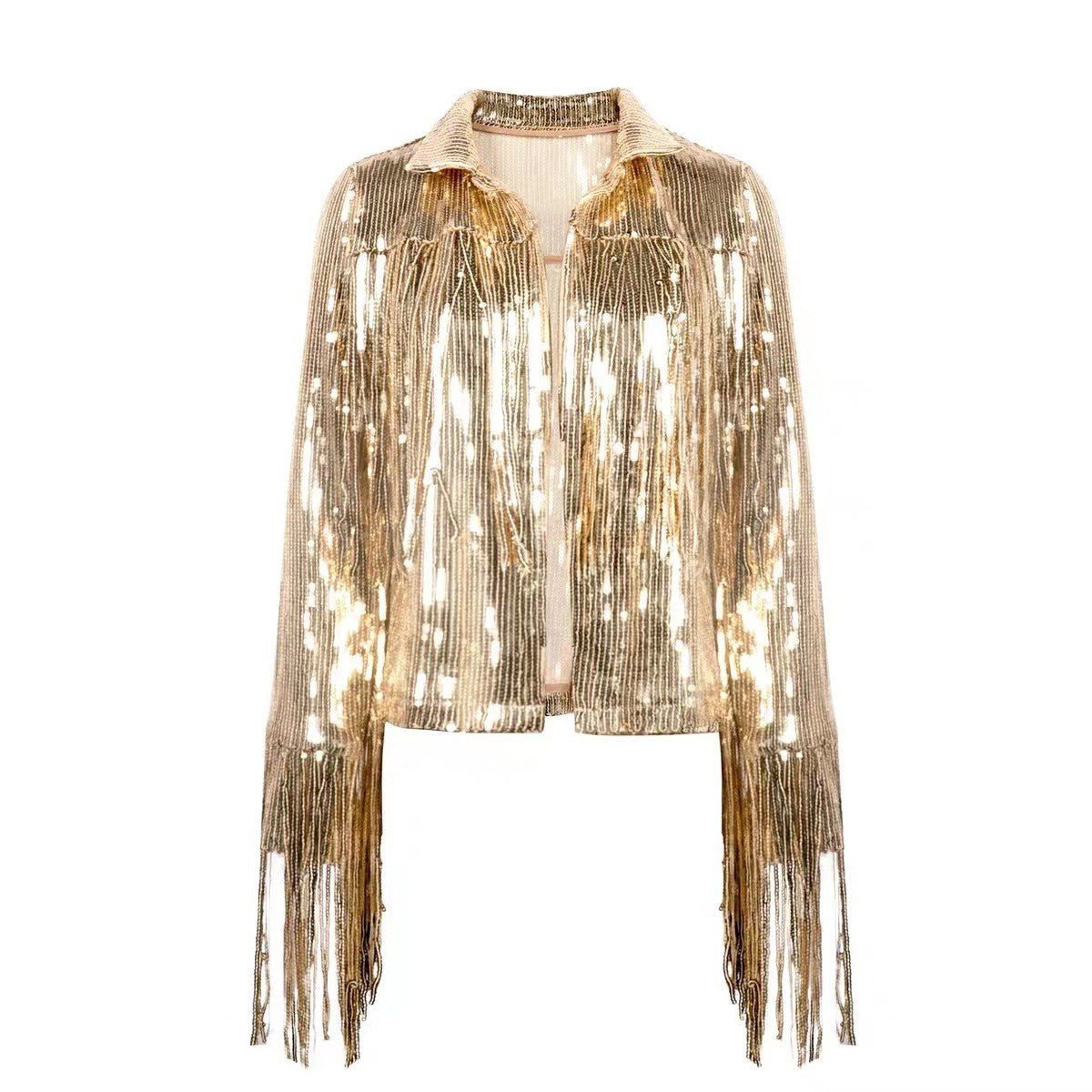 Kouvr Lumière gold sequin fringe jacket for women | Western tinsel statement jacket for festival and concert outfits