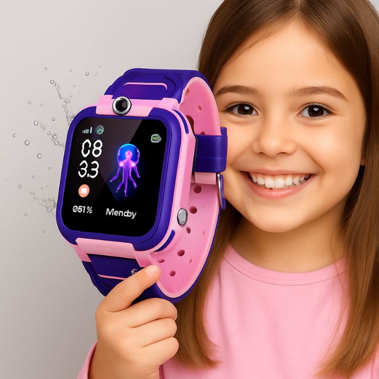 Smiling girl with gps pink watch toy.