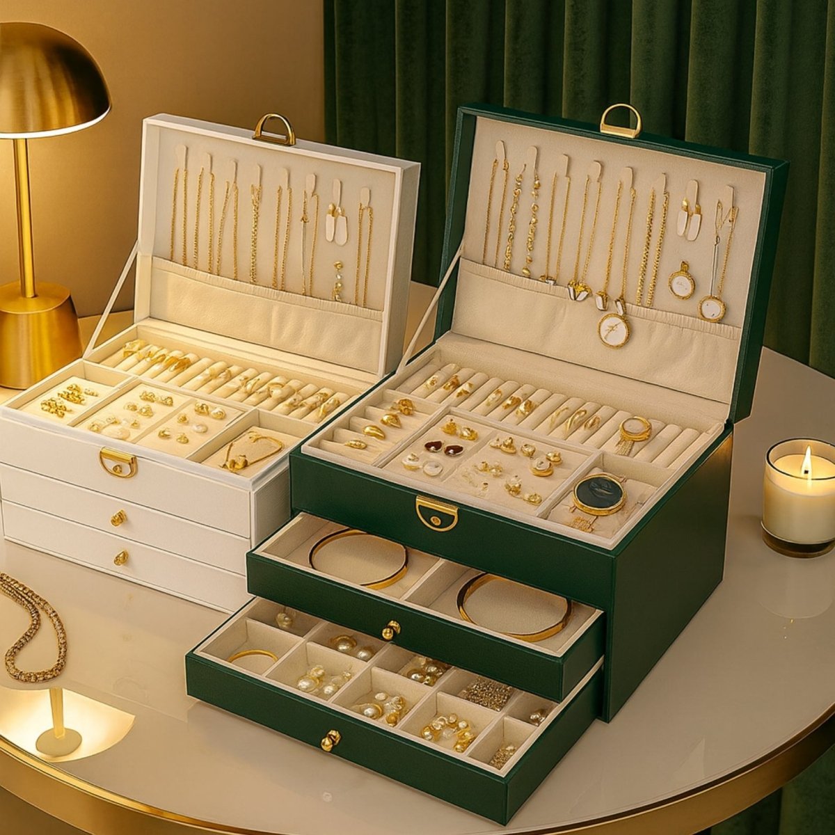 Side-by-side comparison of white and green large capacity jewelry organizers with all drawers open and filled with accessories.