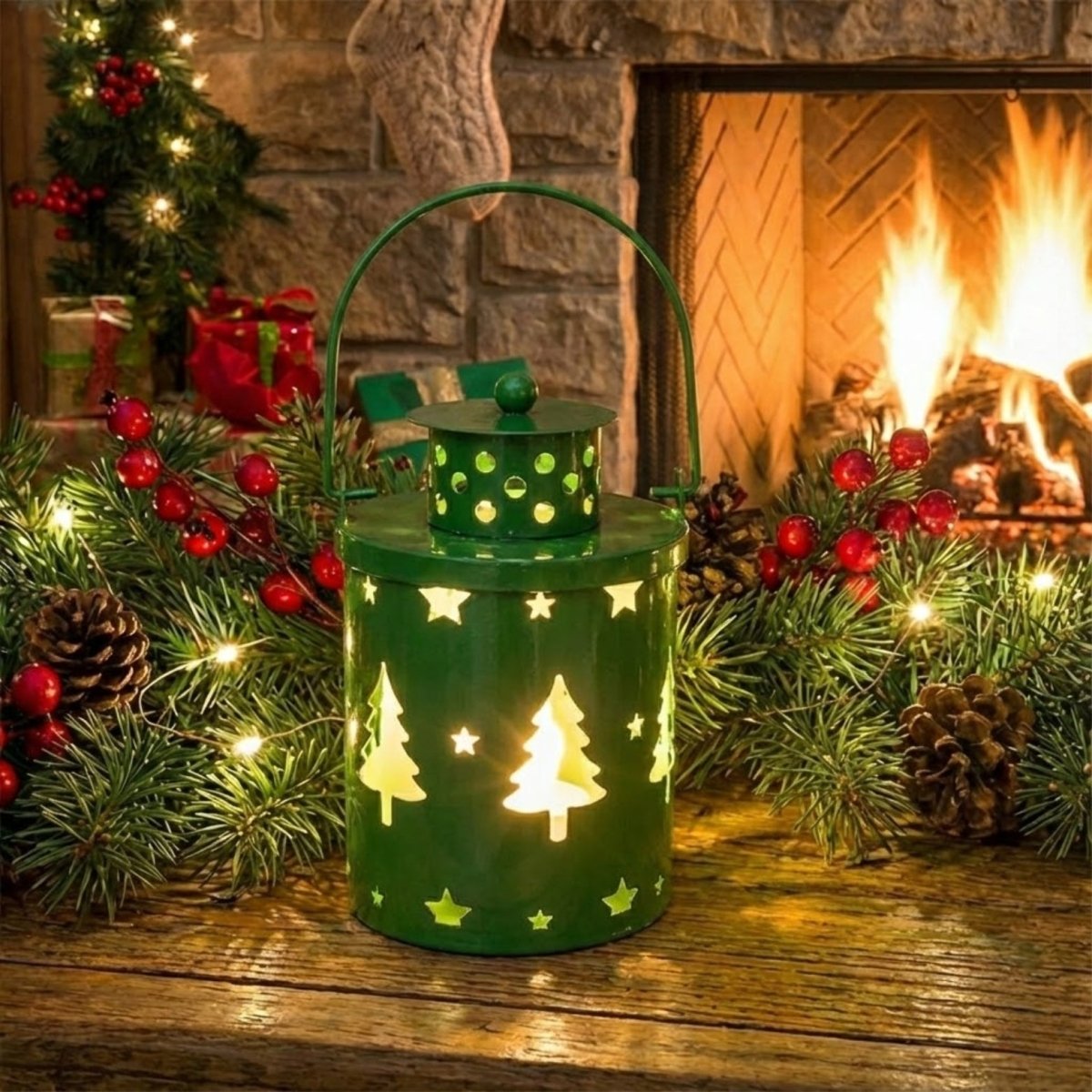 Green metal holiday lantern featuring Christmas tree and star cutouts illuminated by a tea light, displayed against a cozy fireplace backdrop.