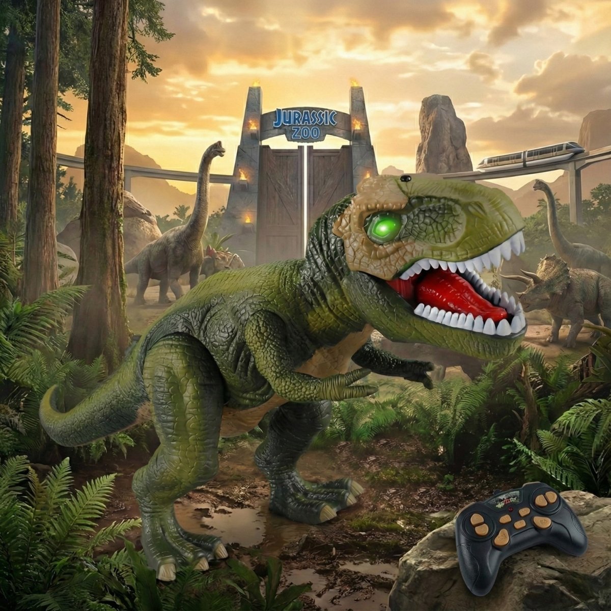 A green remote control T-Rex dinosaur toy with green glowing eyes and its remote control placed on a rock in front of the "Jurassic Zoo" gate at sunset, with other dinosaur figures in the background.