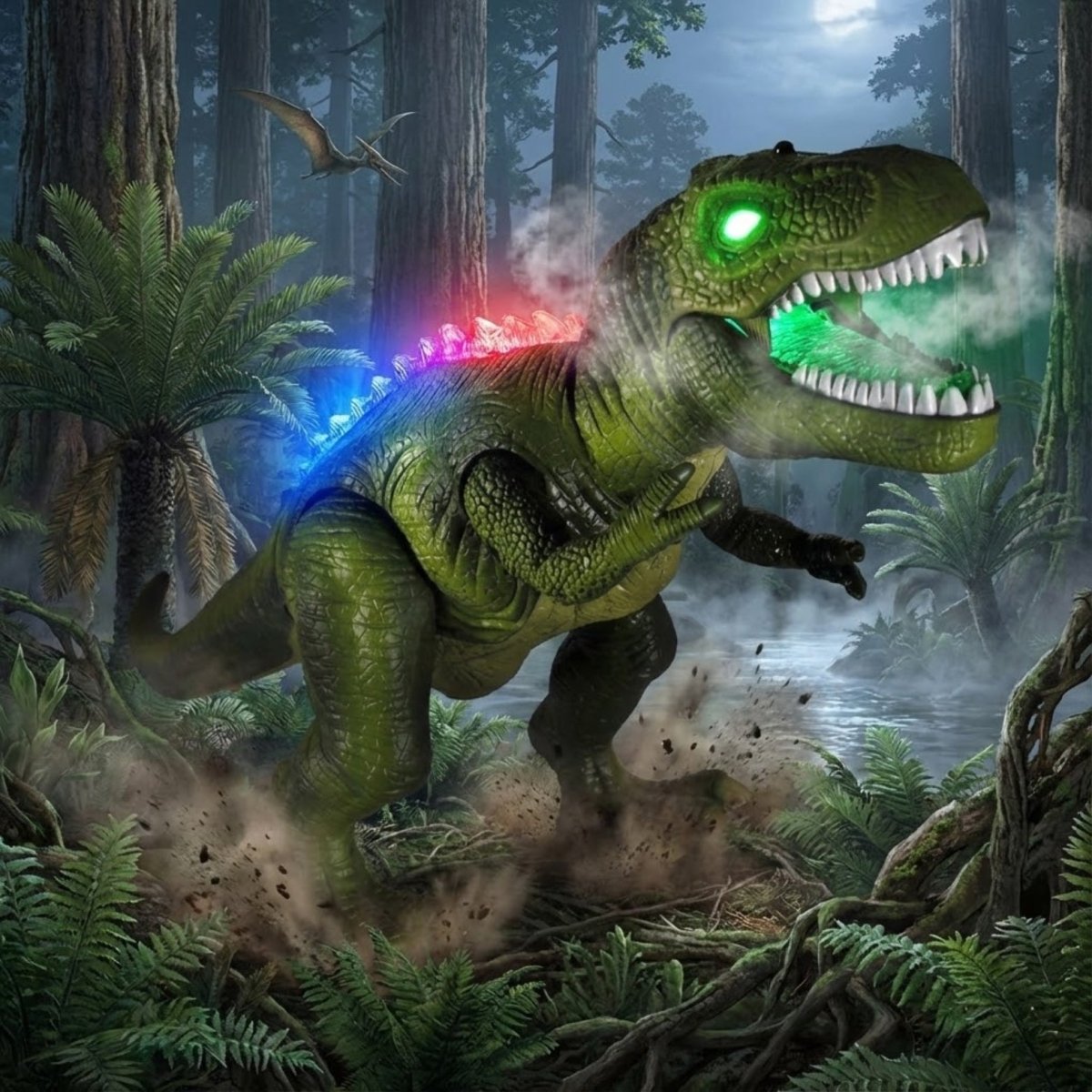 A green remote control T-Rex dinosaur toy roaring with a simulated steam effect from its mouth, featuring red and blue LED lights on its back and green eyes in a dark, atmospheric jungle.