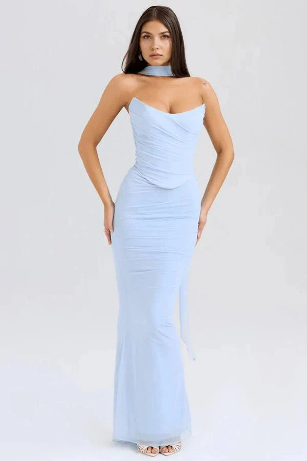 Full-length studio shot of the Hailey light blue tulle maxi dress, showing the structured corset bodice and floor-length ruched skirt.