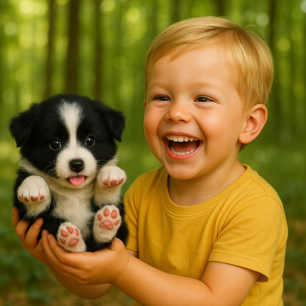 Young boy laughing while holding a lifelike stuffed border collie robot dog in a forest setting, demonstrating joy and emotional connection.