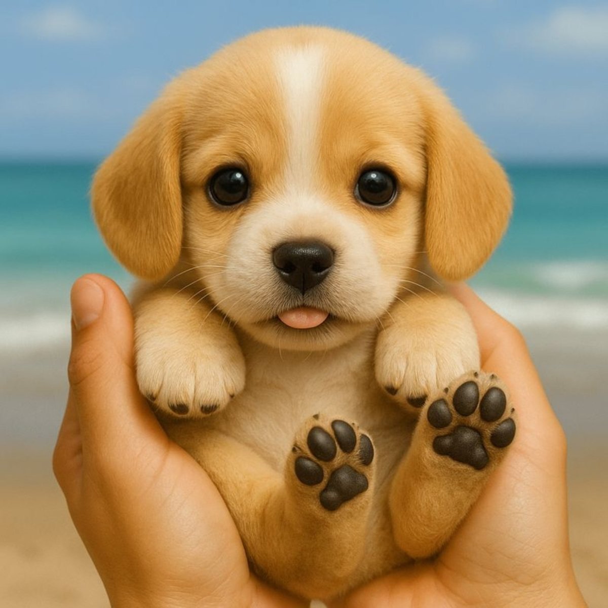 Close-up of a cute interactive robot beagle puppy being held in hands with a beach background, showing realistic paw pads and tongue.