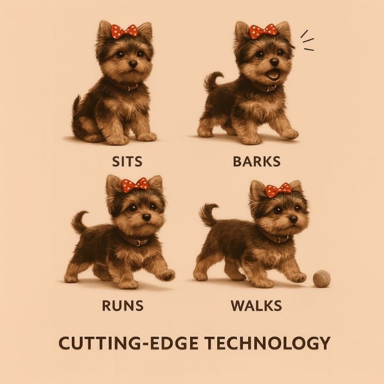 Diagram showing the four main movements of the robot puppy: sitting, barking, running, and walking, powered by cutting-edge electronic toy technology.
